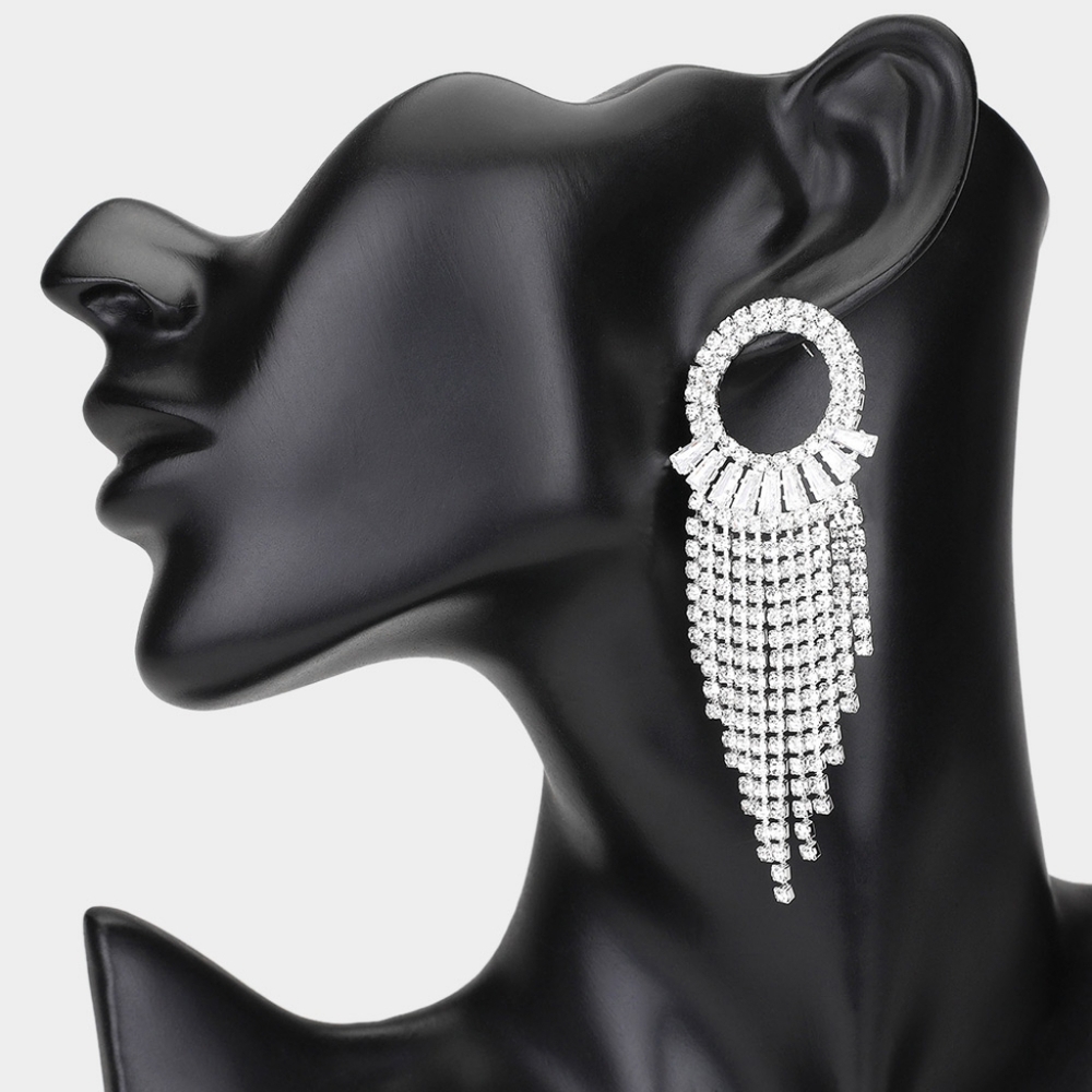 Silver CZ Chandelier Fringe Crystal Dangle Earrings Tassel Evening Accessory